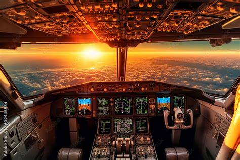 commercial airline cockpit sunrise view above cloud layer