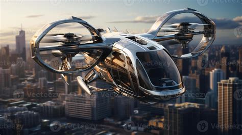 Concept art of a futuristic passenger drone flying over a city