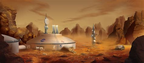 concept art of Mars base with autonomous systems and radiation-hardened infrastructure modules