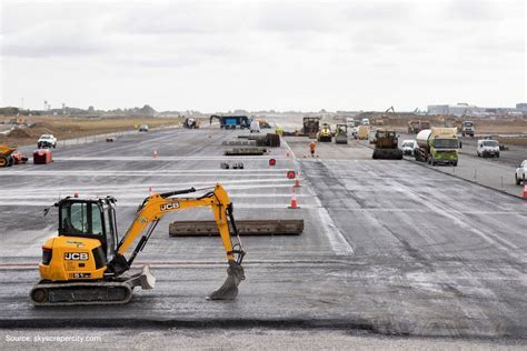 Construction equipment working on an airport runway rehabilitation project