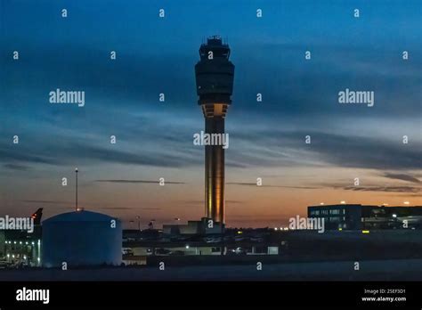 control tower at Hartsfield-Jackson overseeing operations during sunset