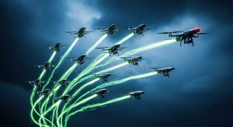 coordinated drone swarm formation flying in synchronized pattern at night