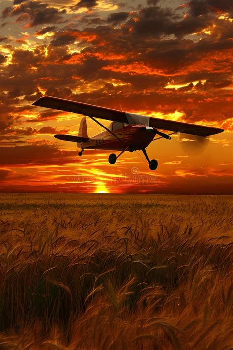 crop duster flying low over field avoiding powerlines at sunset