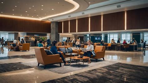 crowded airport lounge travelers working laptops premium credit card access