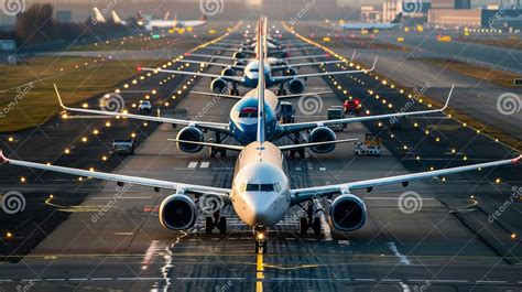 crowded airport runway traffic with multiple aircraft awaiting takeoff