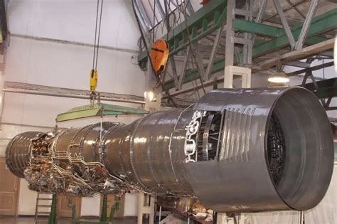 D-30F6 engine close-up with titanium heat shielding exposed in museum display