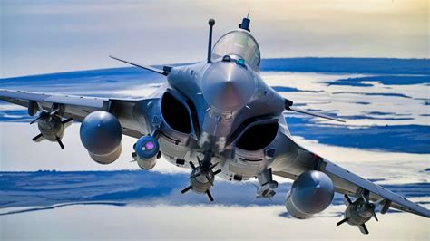 Dassault Rafale launching with full weapon load and SPECTRA sensors active