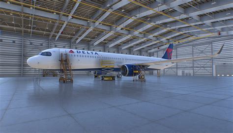 delta airlines maintenance hangar with a321neo engine inspection in progress
