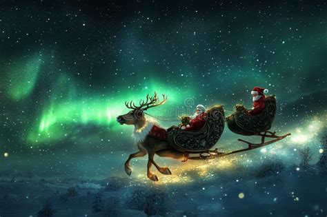 detailed artistic rendering of Santa’s reindeer streaking through auroras at hypersonic speed