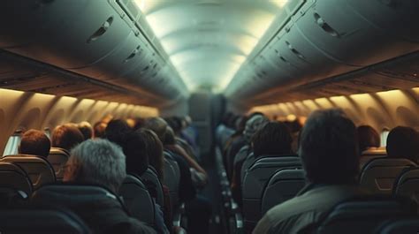 dimly lit aircraft cabin during red-eye transatlantic flight