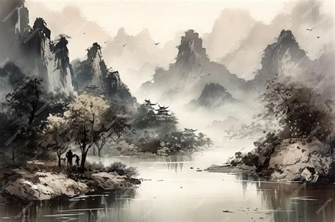 Dreamlike traditional Chinese landscape painting evoking Cathay’s mystique