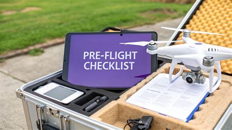 Drone pilot performing pre-flight checklist in an open field before flying
