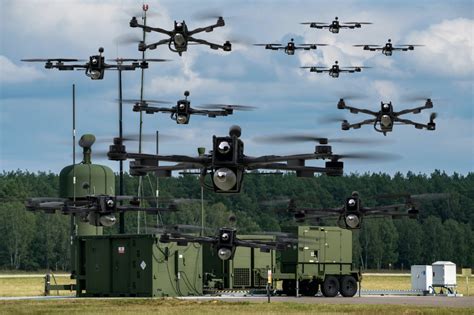 drone swarm attacking military installation at night