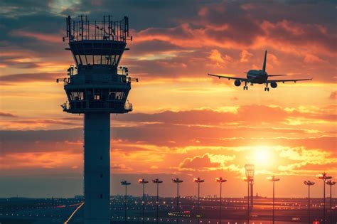 Dubai International Airport air traffic control tower overlooking busy runways at sunset
