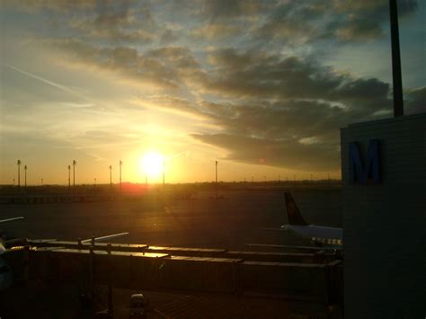 early morning arrival scene with sunrise over airport terminal glass walls