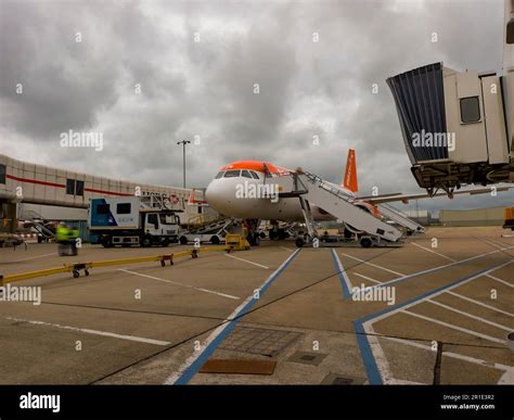 easyJet aircraft parked at London Gatwick Airport during summer travel season