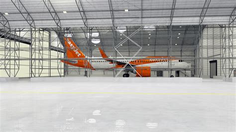 EasyJet maintenance hangar with engineers inspecting Airbus A320 components