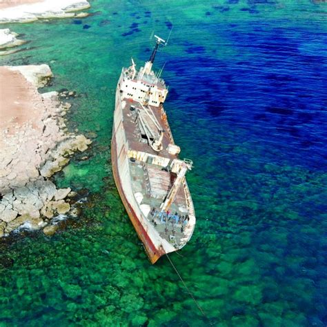 Edro III shipwreck lodged on the rocky coast of Paphos, Cyprus