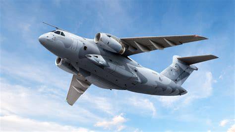 Embraer C-390 Millennium military transport aircraft flying during air force operation