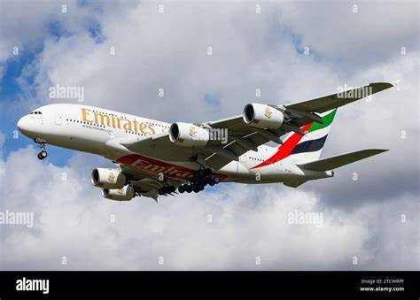 Emirates A380 aircraft arriving at Glasgow International Airport Scotland