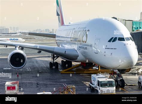 Emirates Airbus A380 at Dubai International Airport sunset