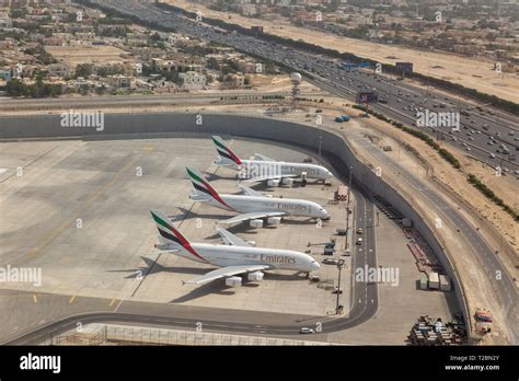 Emirates Airbus A380 fleet parked at Dubai International Airport