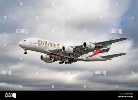 Emirates Airbus A380 landing at London Heathrow Airport