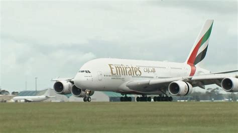 Emirates Airbus A380 landing at Paris Charles de Gaulle Airport