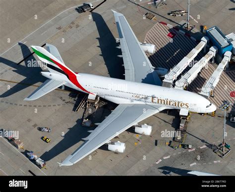 Emirates Airbus A380 parked at San Francisco International Airport gate