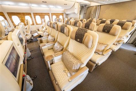Emirates Airbus A380 premium economy cabin cream leather seats wide layout