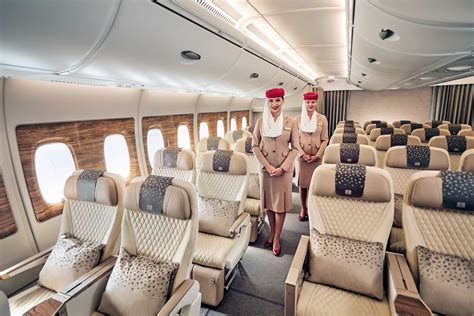 Emirates Airbus A380 premium economy cream leather seats and cabin details