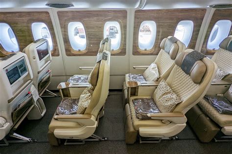 Emirates Airbus A380 premium economy leather seat 40 inch pitch Dubai London