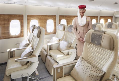 Emirates Airbus A380 premium economy seat with calf rest and wood finish