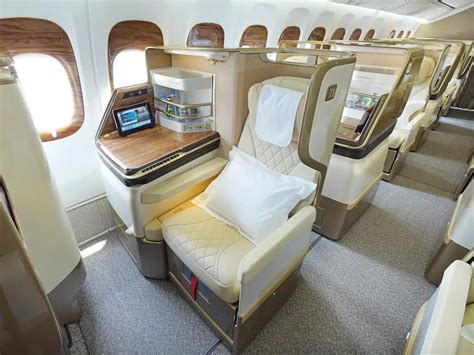 Emirates Boeing 777 Game Changer business class seat with leather and wood trim