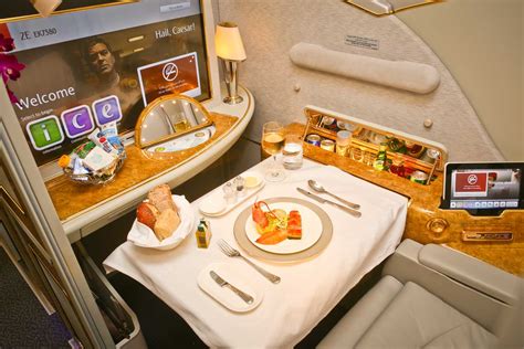 Emirates business class gourmet meal served on Royal Doulton china