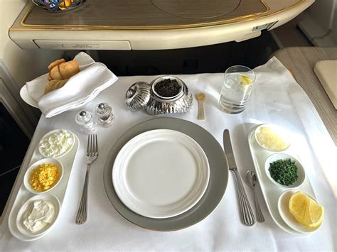 Emirates first class caviar service and luxury dining onboard Airbus A380
