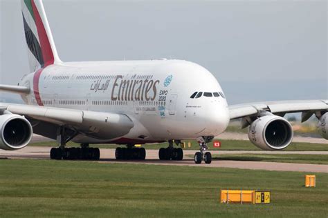 emirates high density a380 taxiing at manchester airport