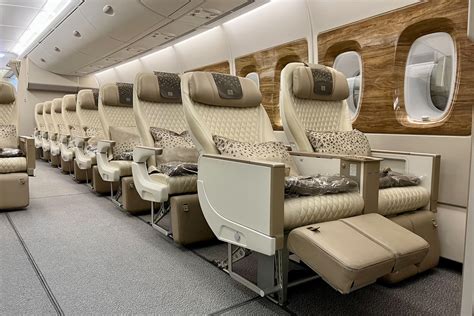 Emirates premium economy cream leather seat Airbus A380 cabin detail
