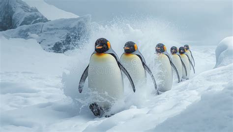 Emperor penguins marching across snow under Antarctic sun