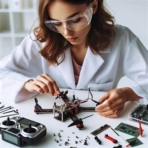 engineer assembling autonomous drone prototype in lab with flight software on screen