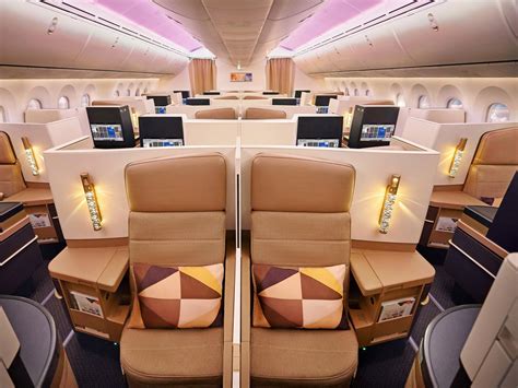 Etihad Airways Airbus A350 business class cabin during overnight long-haul flight
