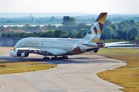 Etihad Airways Airbus A380 on the apron at Abu Dhabi before Singapore service