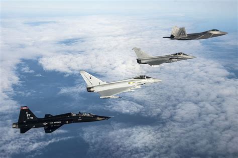 Eurofighter Typhoon and Dassault Rafale in formation flight during NATO exercise