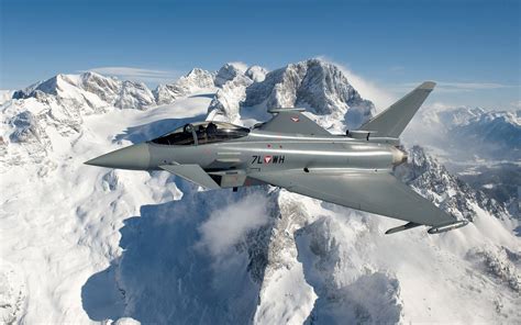 Eurofighter Typhoon soaring above the Alps during multinational exercise