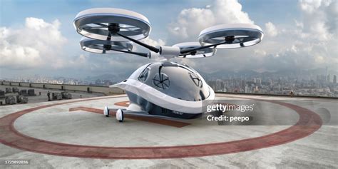 eVTOL aircraft taking off from urban rooftop landing pad