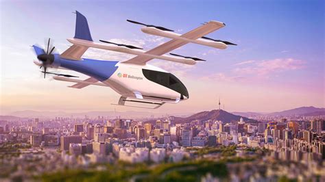 evtol passenger drone flying over smart city at twilight