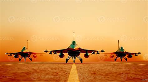 F-16V jets lined up at sunset on an airbase runway