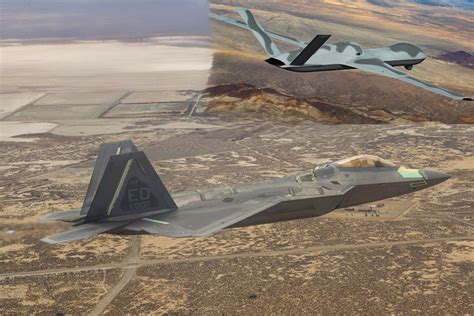 F-22 Raptor in formation with Avenger drone over Nevada desert