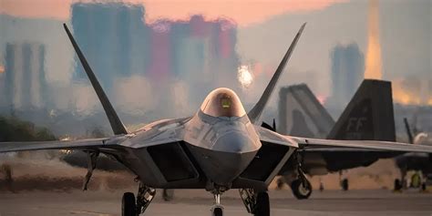 F-22 Raptor returning from long-range mission at sunset on active airstrip