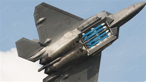 F-22 Raptor showcasing internal missile bay while on display at airshow